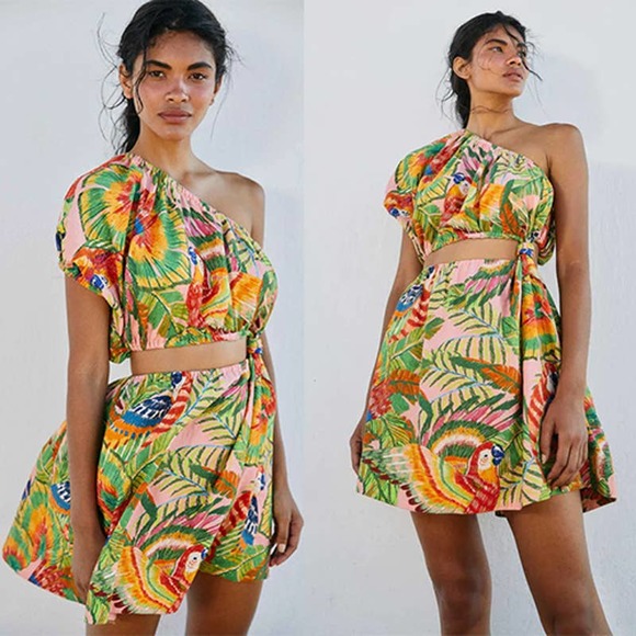Farm Rio Dresses & Skirts - Farm Rio Macaw Leaves One-Shoulder Mini Dress Women's Size XS NWT